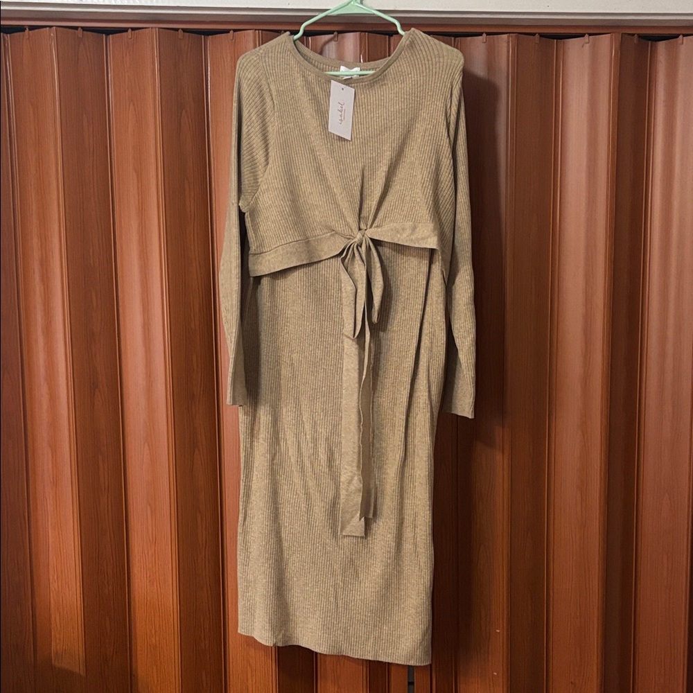 Isabel Maternity by Ingrid & Isabel Ribbed Tie-Front Long Sleeve Dress in Tan